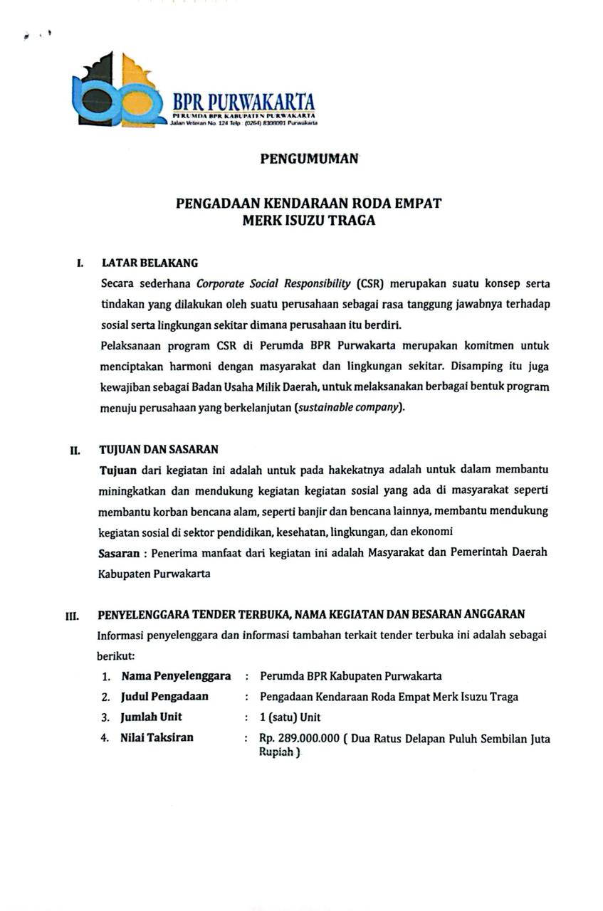 PENGADAAN KENDARAAN BERMOTOR RODA EMPAT MERK ISUZU TRAGA PROGRAM CSR PERUMDA BPR PURWAKARTA TAHUN 2025