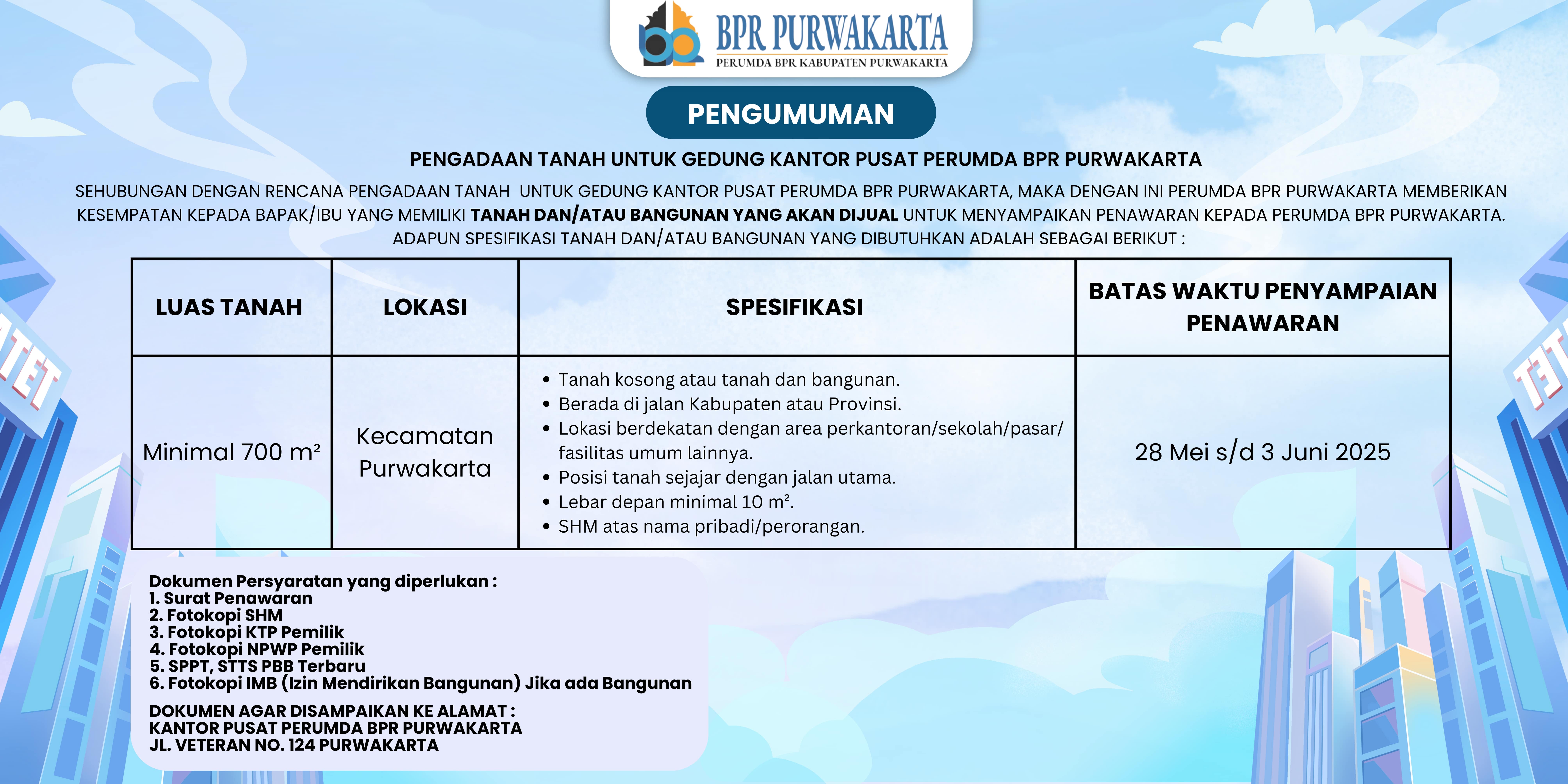 PENGADAAN TANAH UNTUK GEDUNG KANTOR PUSAT PERUMDA BPR PURWAKARTA